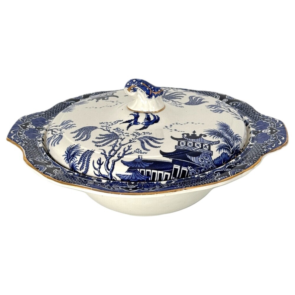 Burleigh Ware Blue Willow Covered Vegetable Bowl Dinnerware Tableware UK 10 inch